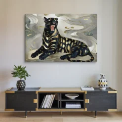 Black Gold Silver Big Cat Canvas Wall Art XXL