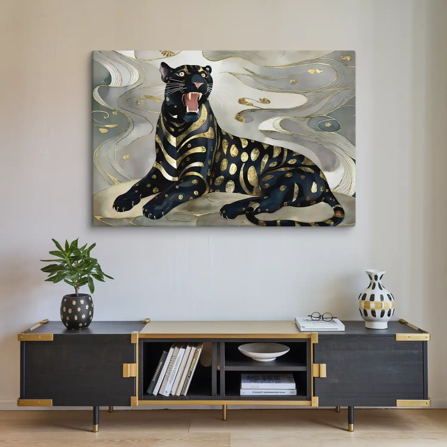 Black Gold Silver Big Cat Canvas Wall Art XXL