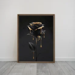 Black Rose Gold Drip Framed Canvas Wall Art Luxurious Large Tall Vertical Decor