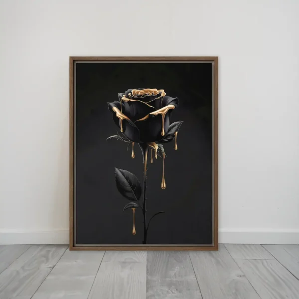 Black Rose Gold Drip Framed Canvas Wall Art Luxurious Large Tall Vertical Decor