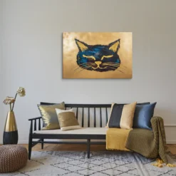 Blue Gold Abstract Dreamy Kitten Canvas Wall Art Minimalist Room