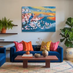 Blue Jay Pink Cherry Blossom Mountain Orange Sunset Canvas Wall Art Living Room