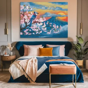 Blue Jay Pink Cherry Blossom Mountain Sunset Canvas Wall Art Cozy Bedroom