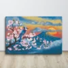 Blue Jay Pink Cherry Blossom Mountain Sunset Canvas Wall Art Large