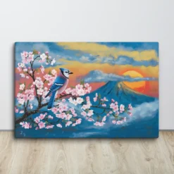 Blue Jay Pink Cherry Blossom Mountain Sunset Canvas Wall Art Large