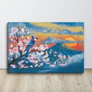 Blue Jay Pink Cherry Blossom Mountain Sunset Canvas Wall Art Large