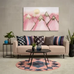 Blush Pink and Gold Foil Mountain Sunset XXL Canvas Wall Art Modern Living Room Chic