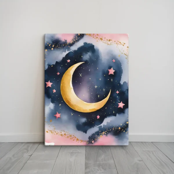 Celestial Dreamscape Nursery Wall Art Gold Crescent Moon Pink Starry Sky on Deep Blue Canvas