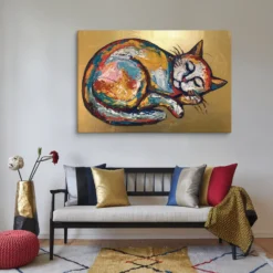 Colorful Abstract Sleeping Cat Canvas Art Kids Room Wall Decor