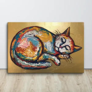 Colorful Abstract Sleeping Cat Canvas Art Vibrant Whimsical Pet Wall Decor: Gold, Red, Blue, Pink, Yellow & White
