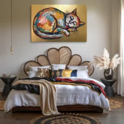 Colorful Napping Cat Bedroom Canvas Wall Hanging