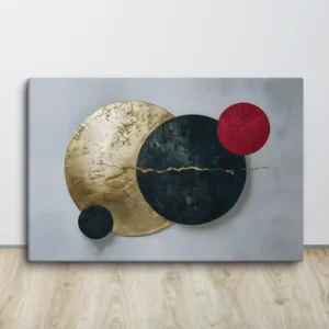 Large Contemporary Gold, Black, Red on Gray Abstract Circle Canvas Wall Art Minimalist Decor
