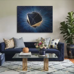 Cosmic Polyhedron Canvas Art: Gold and Navy Blue Modern Geometric Abstract Living Room Wall Decor