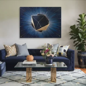 Cosmic Polyhedron Canvas Art: Gold and Navy Blue Modern Geometric Abstract Living Room Wall Decor