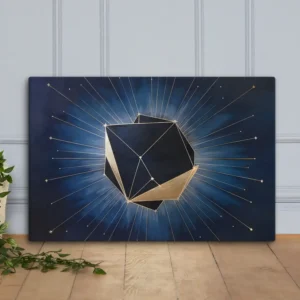 Cosmic Polyhedron Canvas Wall Art Large Gold and Navy Blue Geometric Abstract Decor