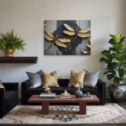 Dragonflies Canvas Wall Art Small Living Room Gold Black Gray Decor