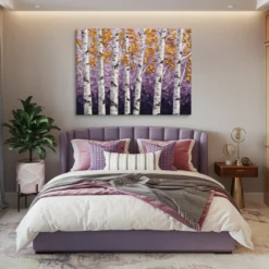 Elegant Birch Tree Canvas Art-Gold Purple Master Bedroom Wall Decor Above Headboard