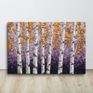 Elegant Birch Tree Wall Art-Gold Leaf Texture with Purple Ombre Sky Luxurious Decor