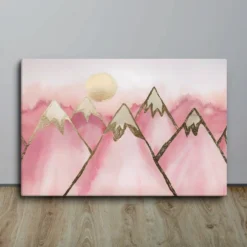 Elegant Blush Pink and Gold Foil Mountain Sunset Canvas Watercolor Wall Art Nursery Kids Room