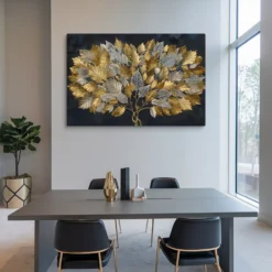 Elegant Gold Silver Botanical Canvas Wall Art Modern Office Decor