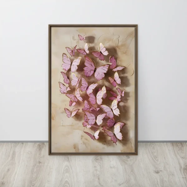 Elegant Pink Butterflies Gold Outline Canvas Art Whimsical Framed Wall Decor Vertical Large