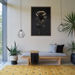 Entryway with Black Flower Gold Drip Framed Art