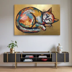 Extra Large Colorful Abstract Sleeping Cat Canvas Wall Art