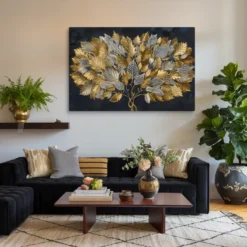 Extra Large Gold Silver Leaves Canvas Wall Art Elegant Décor for Modern Living Room