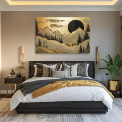Gold Black Moonlit Mountainous Landscape Canvas Art Wall Décor Modern Master Bedroom