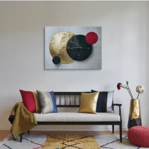 Gold, Black and Red Abstract Circle Canvas Wall Hanging Minimalist Living Room Decor