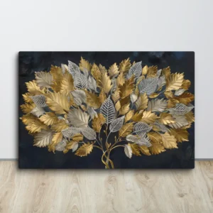 Gold and Silver Leaves Canvas Wall Art: Elegant Botanical Décor Modern Homes