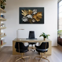 Gold and Silver on Textured Black Botanical Canvas Print Office Wall Decor