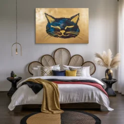 Golden Cat Dream Abstract Canvas Art Bedroom Wall Decor Boho