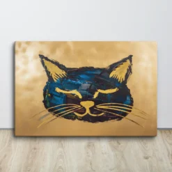 Dream Golden Cat Abstract Canvas Art: Dark Blue and Yellow Wall Decor for Bedroom, Meditation and Yoga Studio