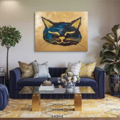 Golden Cat Dream Abstract Canvas Art Modern Luxury Living Room Wall Decor