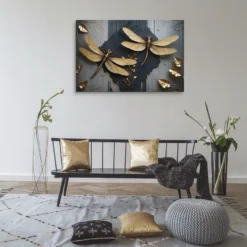 Golden Dragonflies Textured Gray Black Luxury Canvas Wall Art Minimalist Lounge