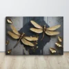 Golden Dragonflies on Textured Gray Black Luxury Canvas Wall Art Large Horizontal