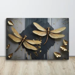 Golden Dragonflies on Textured Gray Black Luxury Canvas Wall Art Large Horizontal