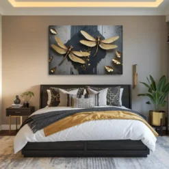Golden Dragonflies on Textured Gray Black Luxury Canvas Wall Art for Master Bedroom
