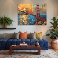 Golden Gate Bridge Sunset Canvas Wall Art Modern Living Room Decor-Blue Orange Brown