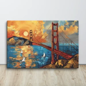Golden Gate Bridge Sunset Canvas Wall Art San Francisco Vibrant Impressionist Print- Orange, Blue, Brown and Yellow Decor