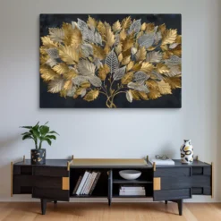 Huge Gold Silver Botanical Canvas Print Luxury Decor