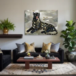 Klimt-Inspired Gold Silver Black Panther Canvas Art Modern Luxury Living room Wall Decor