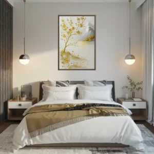 Large 24x36 Canvas Minimalist White and Gold Floral Waterscape Framed Wall Hanging Bedroom