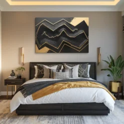 Large Abstract Black Gold Topographic Canvas Print Cozy Master Bedroom Wall Decor