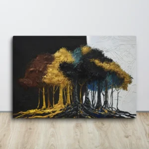 Large Abstract Forest Canvas Wall Art Expressive Impasto Trees in Gold Blue Black Yellow Brown