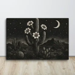 Large Black and White Desert Nightscape Canvas Print: Horizontal Landscape Wall Decor