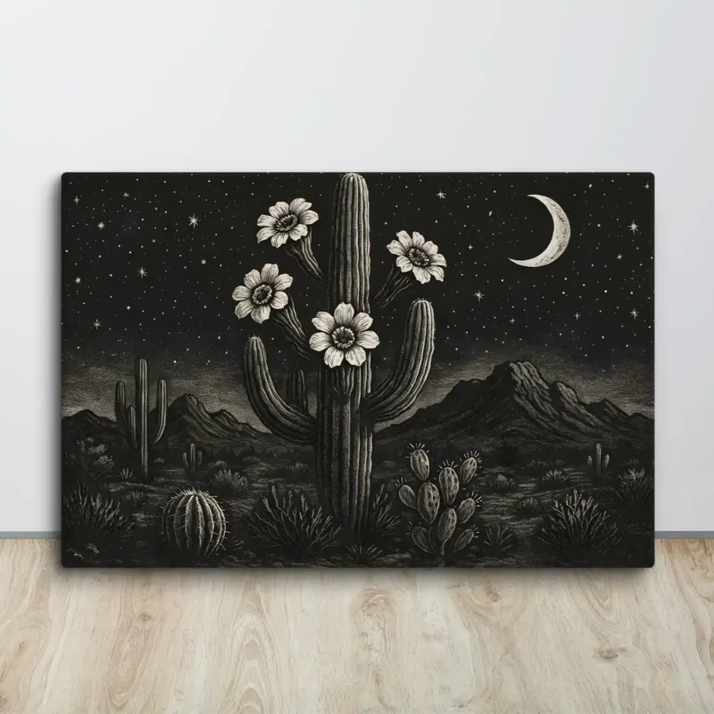 Large Black and White Desert Nightscape Canvas Print: Horizontal Landscape Wall Decor