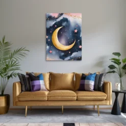 Large Gold Moon Pink Starry Deep Blue Sky Canvas Living Room Wall Decor