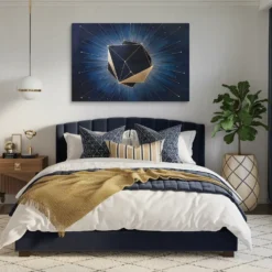 Large Gold and Navy Cosmic Polyhedron Canvas Art Bedroom Wall Decor Above Headboard